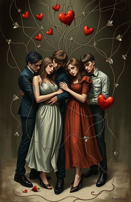 A dramatic scene illustrating three couples intertwined in a metaphorical web, symbolizing lies, love, betrayal, hatred, and heartbreak