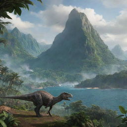 Isla Nublar from Jurassic World featuring lush green forests, towering mountains, vast seascape and dinosaurs.