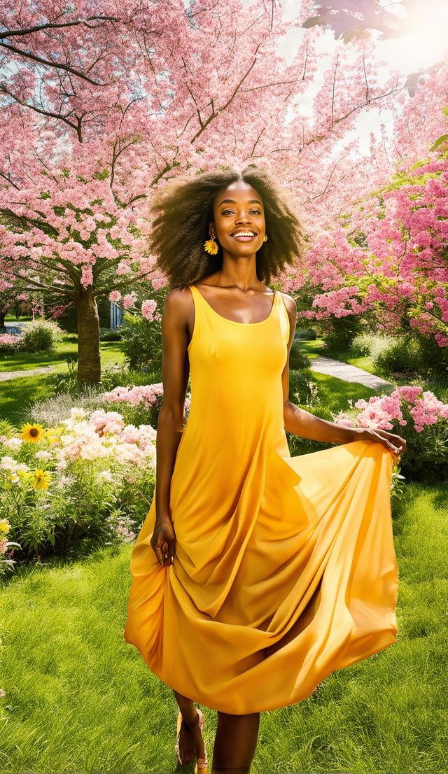 A blissful black model in a classic yellow sundress, with a sunflower tucked behind her ear, strolls unaware of the camera through a lush spring garden under filtered sunlight in a 36k resolution photograph.