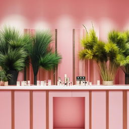 An elegant perfume store interior featuring a wall adorned with artificial plants. The color scheme is a delicate mix of pink, wood tones, and white.