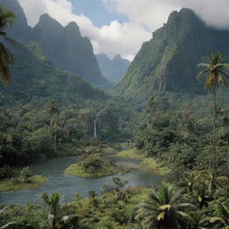 Isla Nublar from Jurassic Park featuring lush jungle landscapes, grandiose mountain ranges, dinosaur habitats and the iconic park entrance.