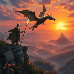 A detailed fantasy-themed Dungeons and Dragons scene featuring a heroic knight in shining armor standing valiantly on a cliff's edge, overlooking a vast, mystical landscape filled with rolling hills, ancient forests, and a distant castle shrouded in mist
