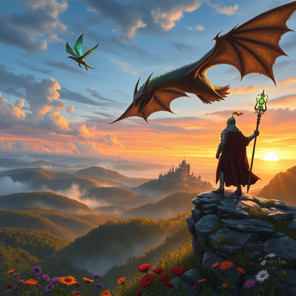 A detailed fantasy-themed Dungeons and Dragons scene featuring a heroic knight in shining armor standing valiantly on a cliff's edge, overlooking a vast, mystical landscape filled with rolling hills, ancient forests, and a distant castle shrouded in mist