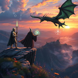 A detailed fantasy-themed Dungeons and Dragons scene featuring a heroic knight in shining armor standing valiantly on a cliff's edge, overlooking a vast, mystical landscape filled with rolling hills, ancient forests, and a distant castle shrouded in mist