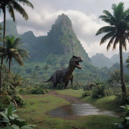 Isla Nublar from Jurassic Park featuring lush jungle landscapes, grandiose mountain ranges, dinosaur habitats and the iconic park entrance.