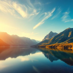 A stunning landscape photography capturing the beauty of a serene lake surrounded by majestic mountains