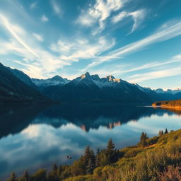 A stunning landscape photography capturing the beauty of a serene lake surrounded by majestic mountains