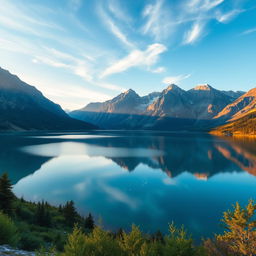 A stunning landscape photography capturing the beauty of a serene lake surrounded by majestic mountains