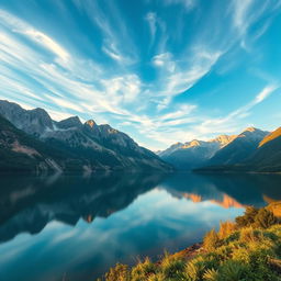 A stunning landscape photography capturing the beauty of a serene lake surrounded by majestic mountains