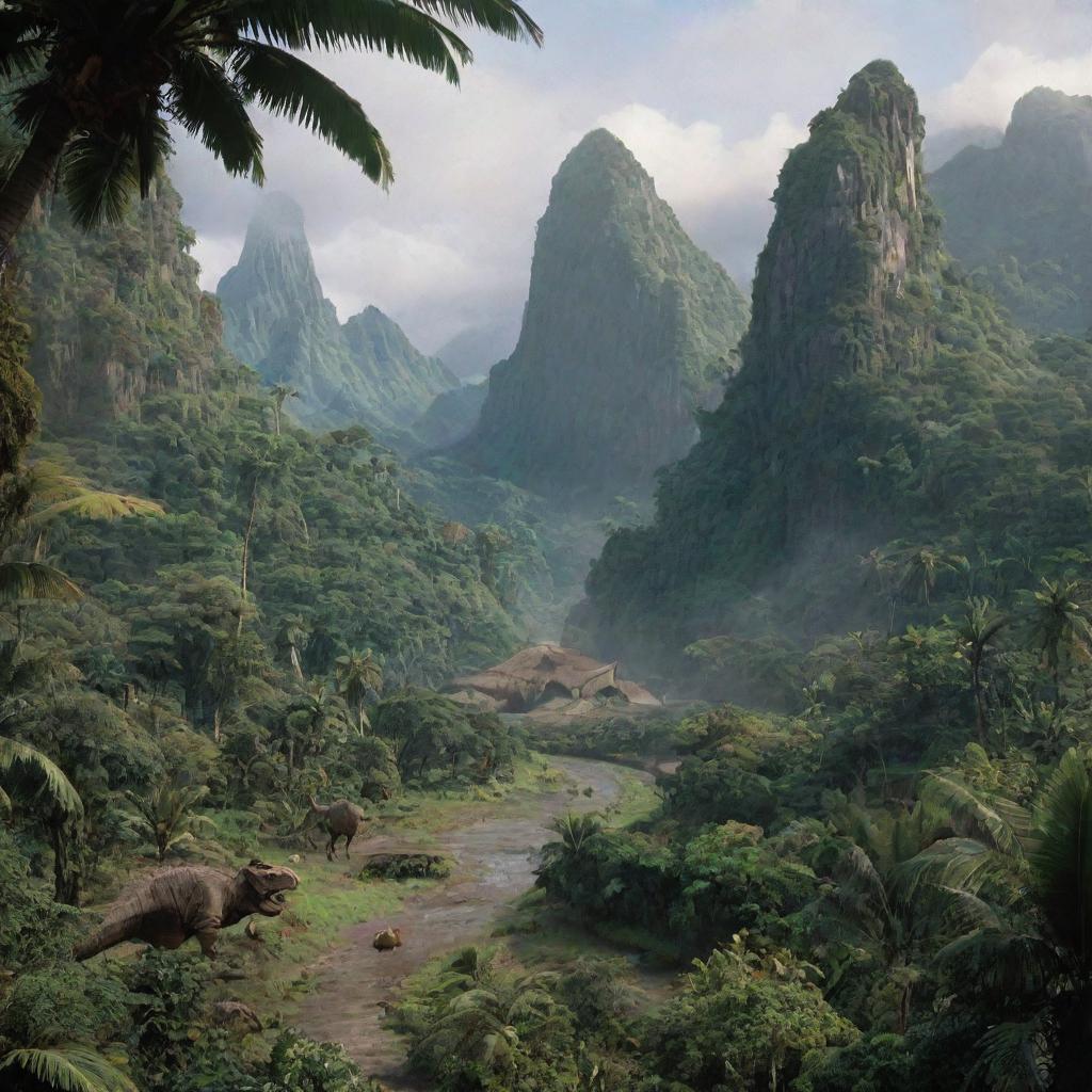 Isla Nublar from Jurassic Park featuring lush jungle landscapes, grandiose mountain ranges, dinosaur habitats and the iconic park entrance.