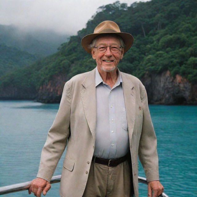 John Hammond, the philanthropic billionaire and founder of Jurassic Park, arriving on the vivid, dinosaur-inhabited Isla Nublar.