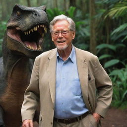 John Hammond, the philanthropic billionaire and founder of Jurassic Park, arriving on the vivid, dinosaur-inhabited Isla Nublar.