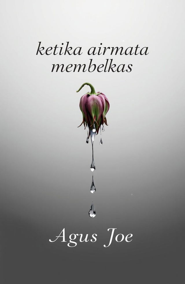 A book cover featuring an artistic design of teardrops cascading down a wilted flower, against a soft gray gradient background