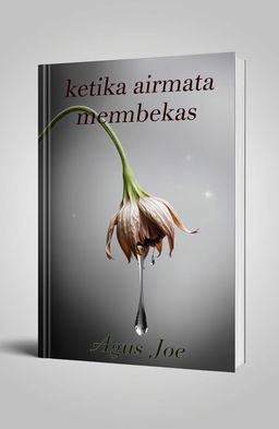 A book cover featuring an artistic design of teardrops cascading down a wilted flower, against a soft gray gradient background
