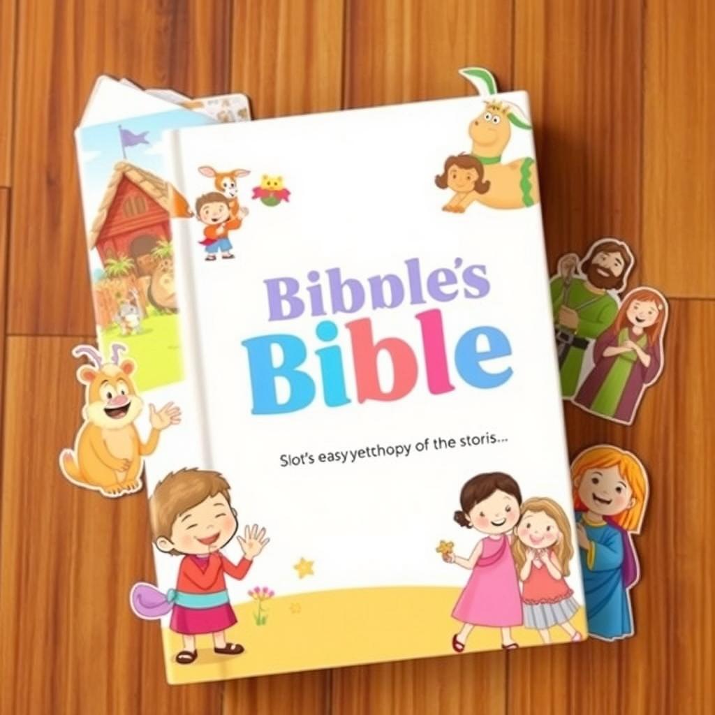 A vibrant and colorful illustration of a children's Bible, featuring friendly cartoon characters from popular Bible stories