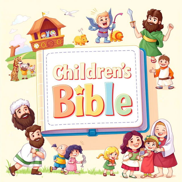 A vibrant and colorful illustration of a children's Bible, featuring friendly cartoon characters from popular Bible stories