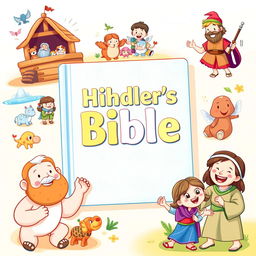 A vibrant and colorful illustration of a children's Bible, featuring friendly cartoon characters from popular Bible stories