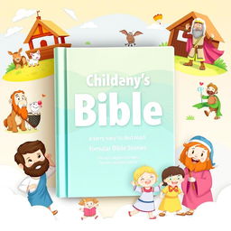 A vibrant and colorful illustration of a children's Bible, featuring friendly cartoon characters from popular Bible stories