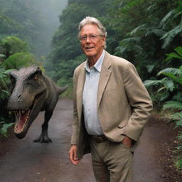 John Hammond, the philanthropic billionaire and founder of Jurassic Park, arriving on the vivid, dinosaur-inhabited Isla Nublar.