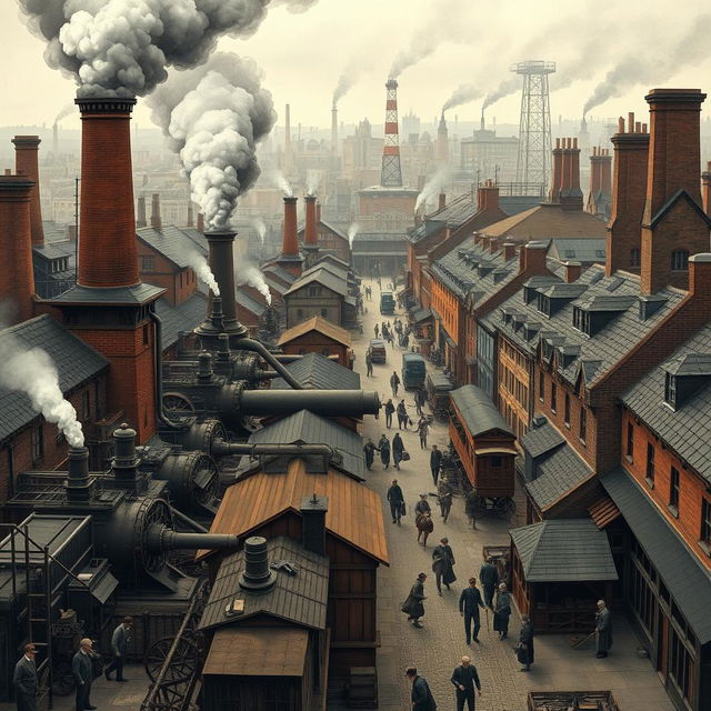 A detailed and dynamic depiction of the Industrial Revolution, featuring a bustling 19th-century factory scene