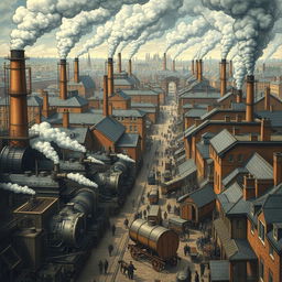 A detailed and dynamic depiction of the Industrial Revolution, featuring a bustling 19th-century factory scene