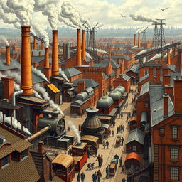 A detailed and dynamic depiction of the Industrial Revolution, featuring a bustling 19th-century factory scene