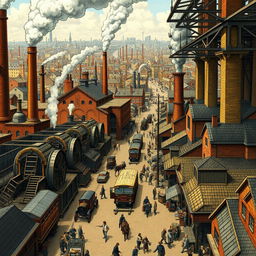 A detailed and dynamic depiction of the Industrial Revolution, featuring a bustling 19th-century factory scene