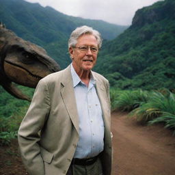 John Hammond, the philanthropic billionaire and founder of Jurassic Park, arriving on the vivid, dinosaur-inhabited Isla Nublar.