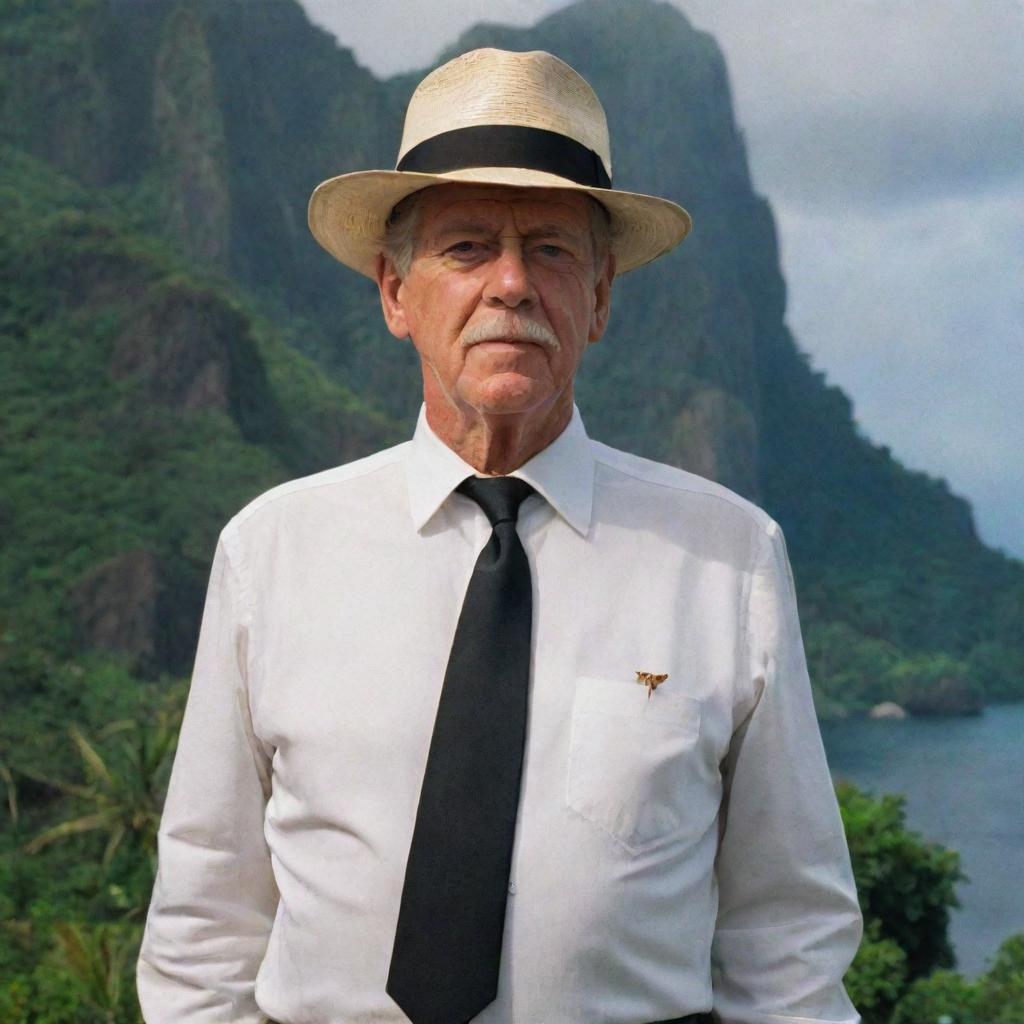 John Hammond wearing a white shirt, hat, and black tie, standing confidently with his iconic amber-topped cane on the vibrant Isla Nublar.