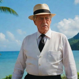 John Hammond wearing a white shirt, hat, and black tie, standing confidently with his iconic amber-topped cane on the vibrant Isla Nublar.