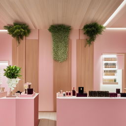 An elegant perfume store interior featuring a wall adorned with artificial plants. The color scheme is a delicate mix of pink, wood tones, and white.