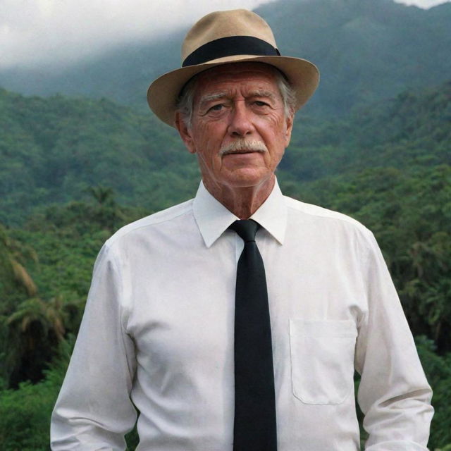 John Hammond wearing a white shirt, hat, and black tie, standing confidently with his iconic amber-topped cane on the vibrant Isla Nublar.