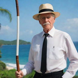 John Hammond wearing a white shirt, hat, and black tie, standing confidently with his iconic amber-topped cane on the vibrant Isla Nublar.