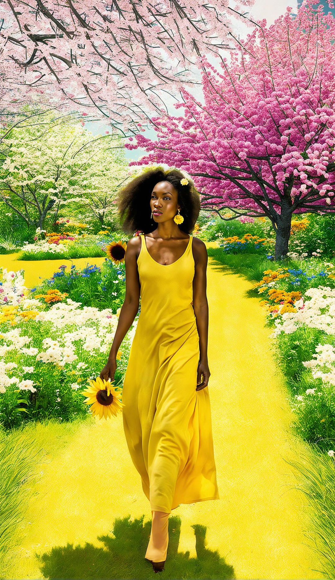 A joyful black model in a classic yellow sundress, with a sunflower tucked behind her ear, walks away from the camera, looking down and unaware of its presence in a lush spring garden under filtered sunlight in a 36k resolution photograph.