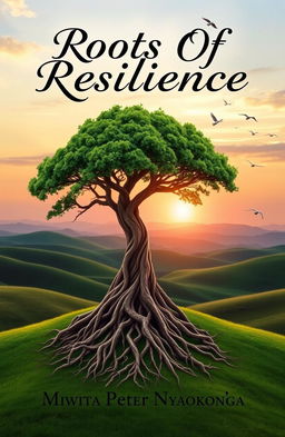 A beautiful book cover for 'Roots Of Resilience' by Mwita Peter Nyagokong'a, featuring a lush tree with deep, intricate roots symbolizing resilience