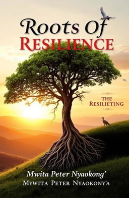 A beautiful book cover for 'Roots Of Resilience' by Mwita Peter Nyagokong'a, featuring a lush tree with deep, intricate roots symbolizing resilience