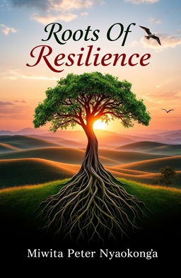 A beautiful book cover for 'Roots Of Resilience' by Mwita Peter Nyagokong'a, featuring a lush tree with deep, intricate roots symbolizing resilience