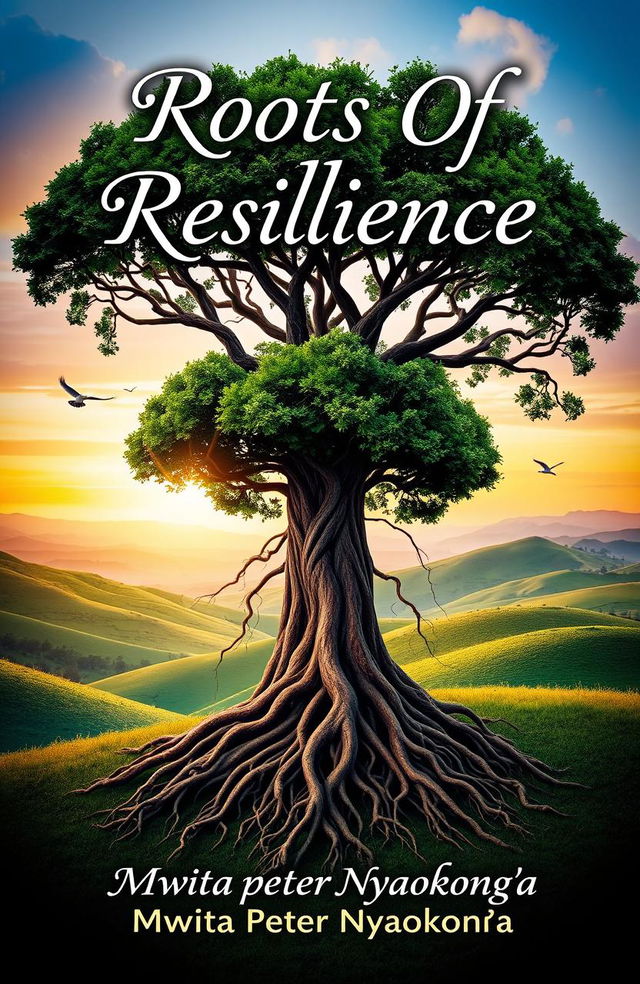 A beautiful book cover for 'Roots Of Resilience' by Mwita Peter Nyagokong'a, featuring a lush tree with deep, intricate roots symbolizing resilience