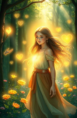 A mystical scene depicting a young woman with a serene expression, radiating a soft golden light as she stands in a lush forest