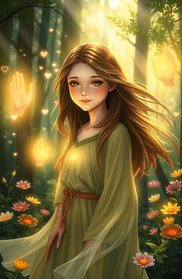A mystical scene depicting a young woman with a serene expression, radiating a soft golden light as she stands in a lush forest
