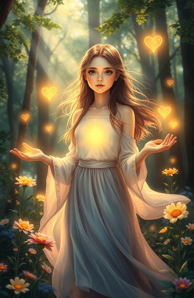 A mystical scene depicting a young woman with a serene expression, radiating a soft golden light as she stands in a lush forest