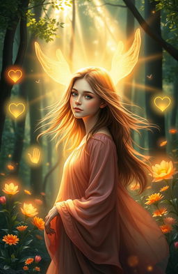 A mystical scene depicting a young woman with a serene expression, radiating a soft golden light as she stands in a lush forest