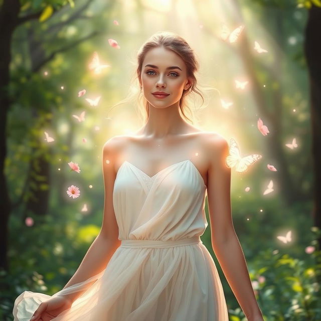 A mystical scene portraying a young woman with luminous skin and an expression of compassion, standing in a serene natural setting where light streams through the trees