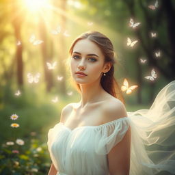 A mystical scene portraying a young woman with luminous skin and an expression of compassion, standing in a serene natural setting where light streams through the trees