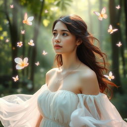 A mystical scene portraying a young woman with luminous skin and an expression of compassion, standing in a serene natural setting where light streams through the trees
