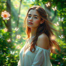 A mystical scene portraying a young woman with luminous skin and an expression of compassion, standing in a serene natural setting where light streams through the trees