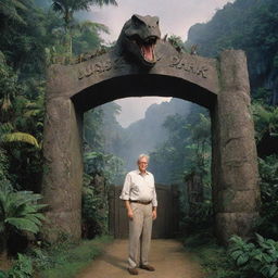 John Hammond unveiling Jurassic Park, complete with dinosaur habitats and towering gates, on the lush and vividly detailed Isla Nublar.