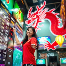 A lively scene featuring a charming Indonesian woman dressed in a football jersey, playfully engaging in a soccer betting atmosphere