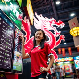 A lively scene featuring a charming Indonesian woman dressed in a football jersey, playfully engaging in a soccer betting atmosphere
