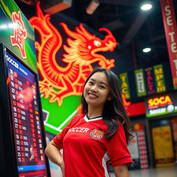 A lively scene featuring a charming Indonesian woman dressed in a football jersey, playfully engaging in a soccer betting atmosphere